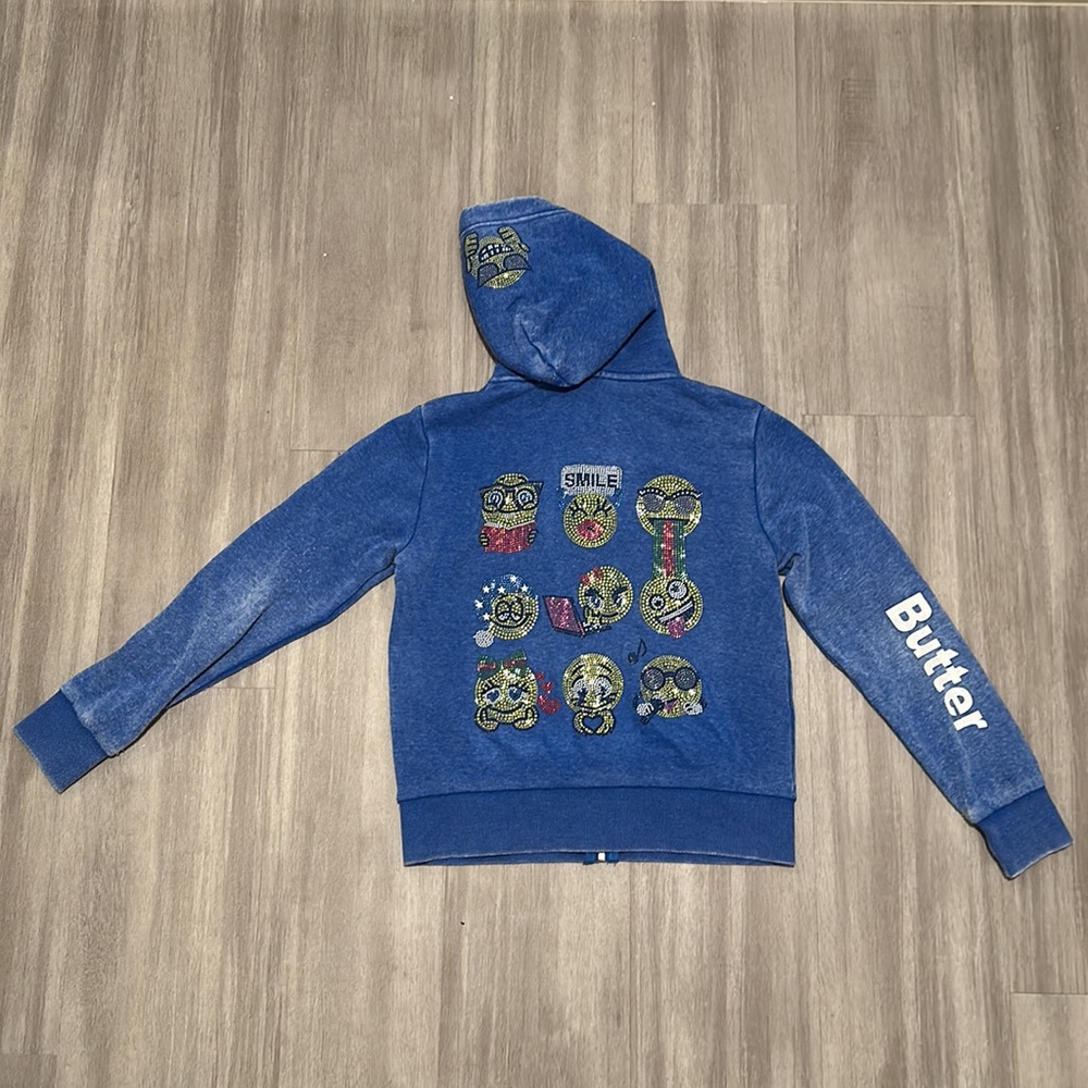 Butter Soft Blue Girls Jeweled smiles smiley zip up Hoodie size medium